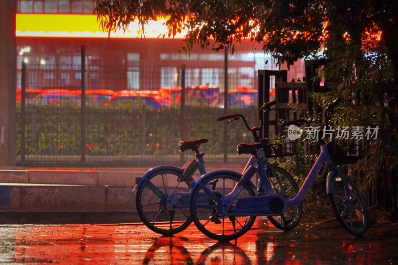 夜晚雨天街道旁的自行车特写