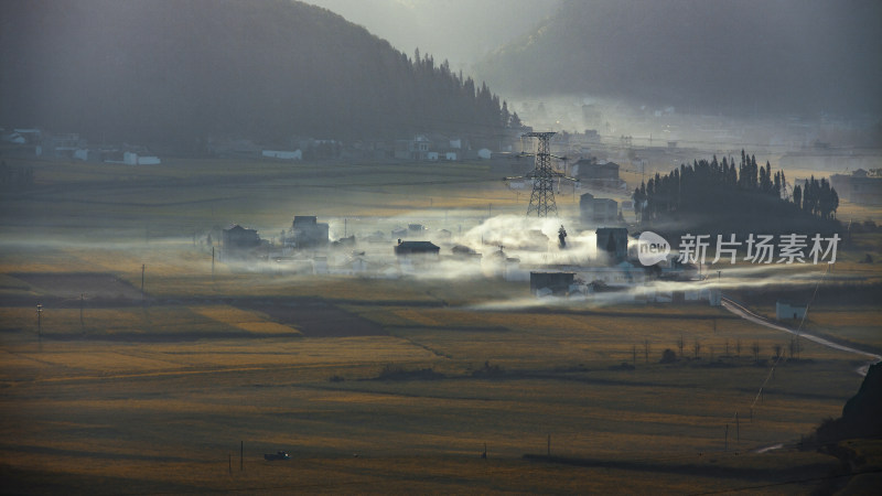 晨雾中的乡村田野风光
