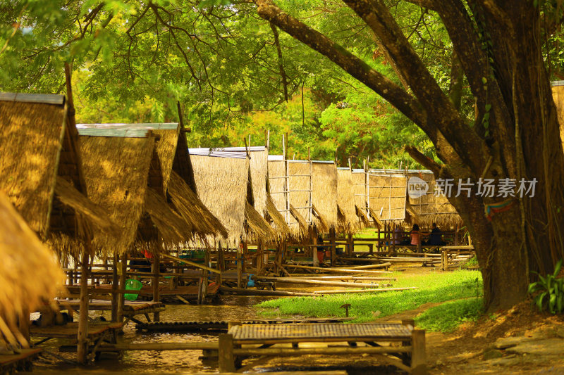 树林中茅草屋休闲场景