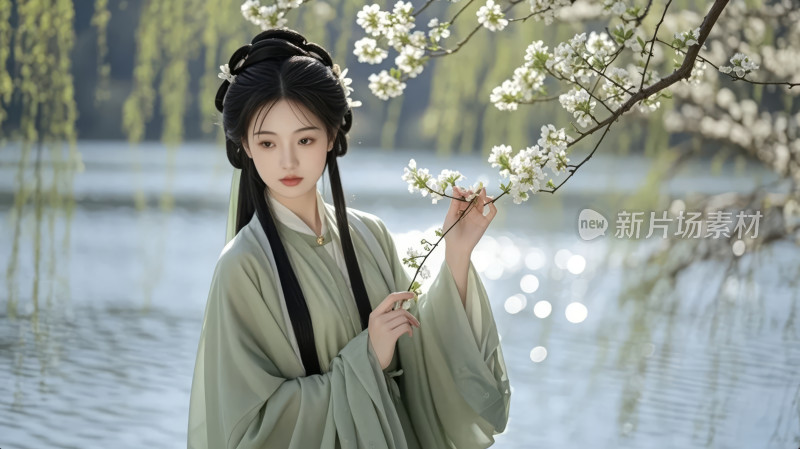 古风美女汉服赏花春日踏青唯美仕女背景