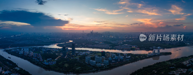 广州大学城生物岛日落夜景航拍