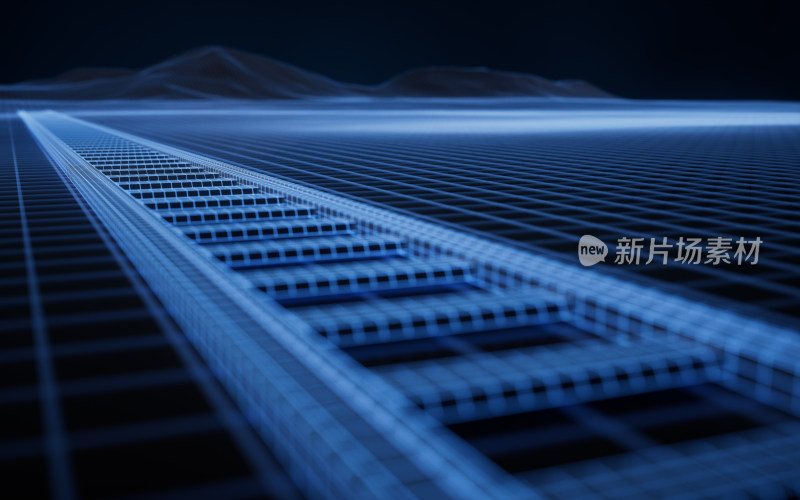 铁路轨道与蓝色科技概念背景3D渲染