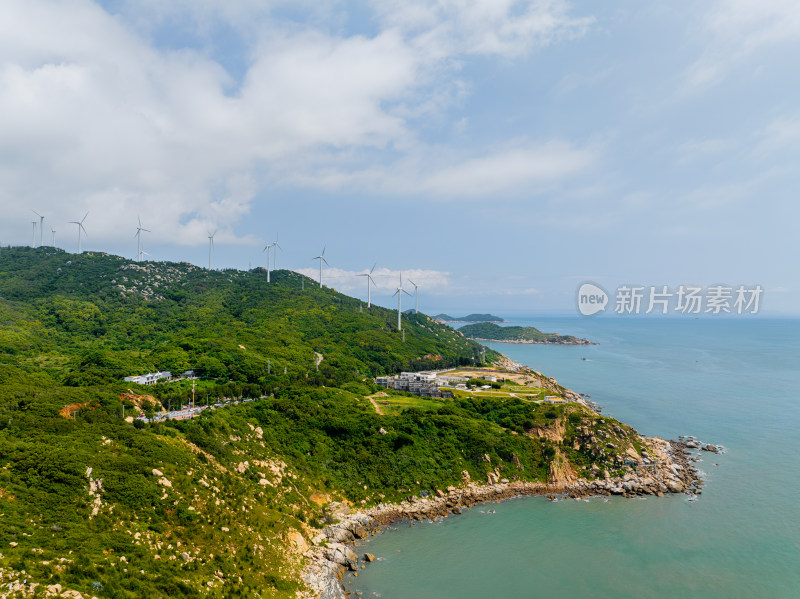 航拍夏季白天广东汕头南澳岛风力发电