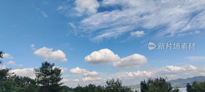 蓝天白云下绿树环绕的自然美景