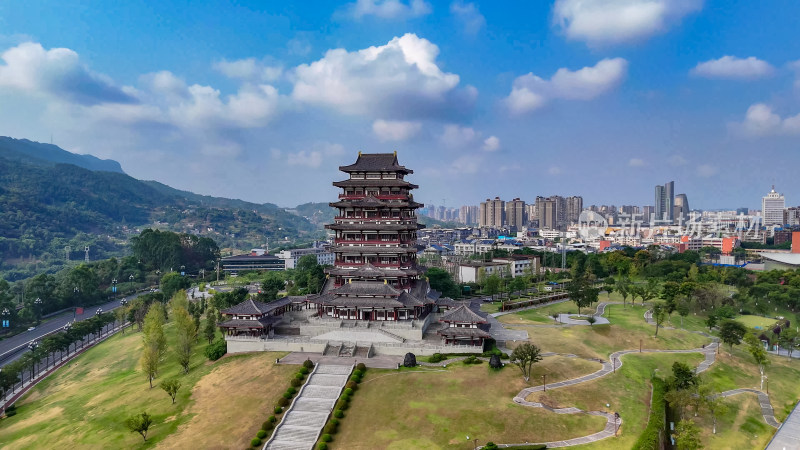 四川宜宾宜宾东楼地标建筑航拍图