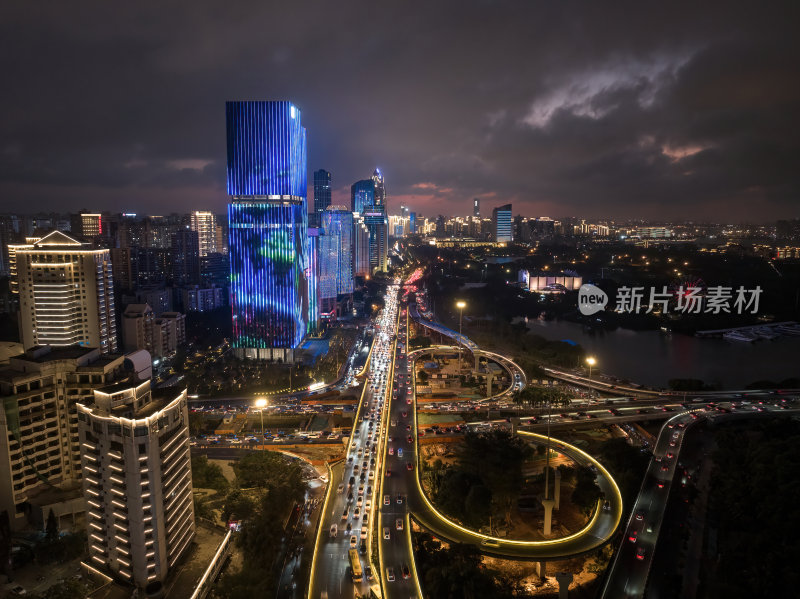 海南海口海滨新城城市车水马龙夜景灯光航拍