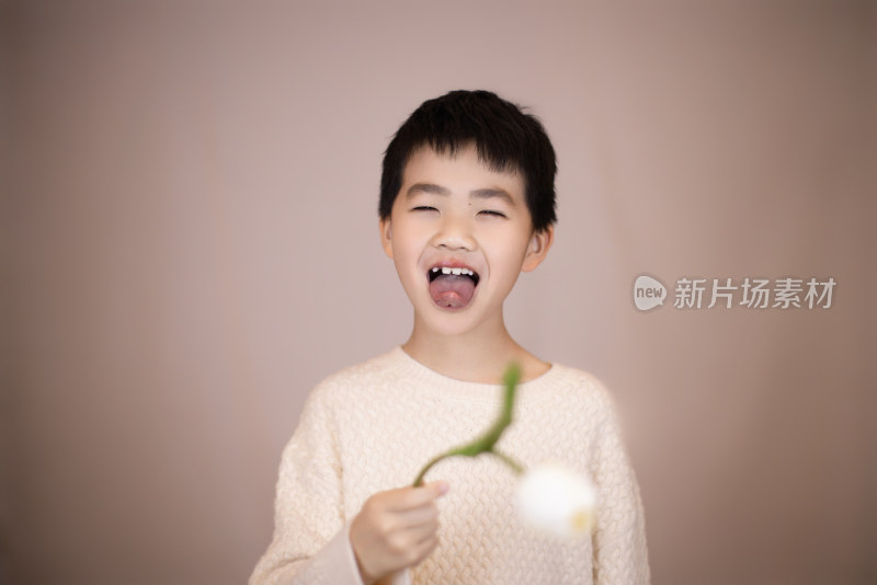 一个帅气的中国小男孩拿着一朵郁金香