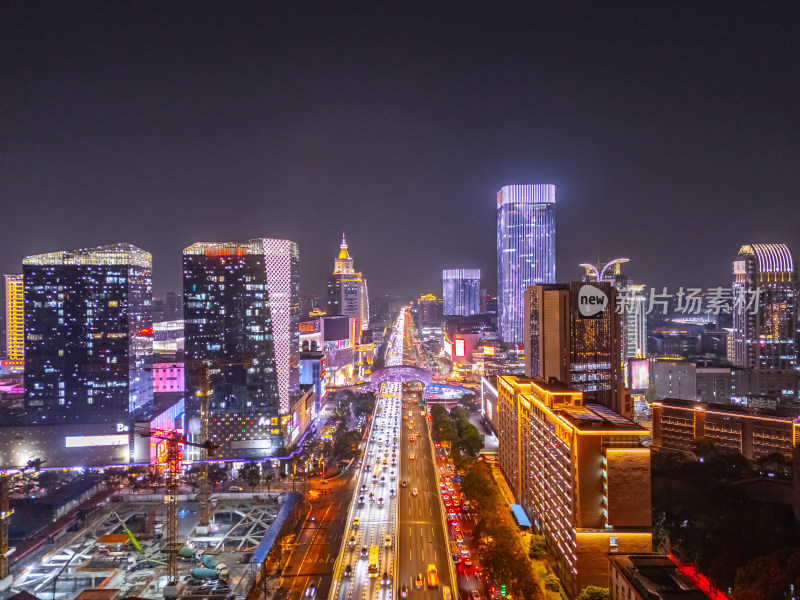 航拍上海杨浦五角场金融区夜景