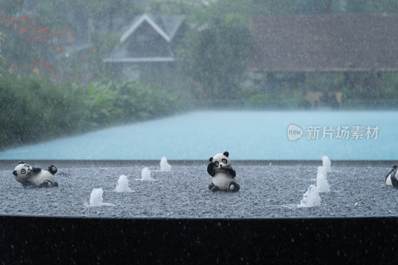 雨中泳池边的熊猫摆件