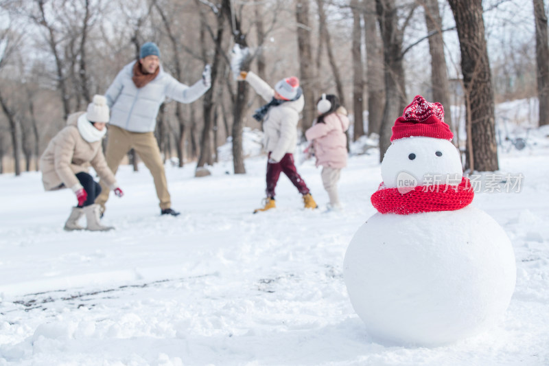 快乐的一家人在雪地里玩耍