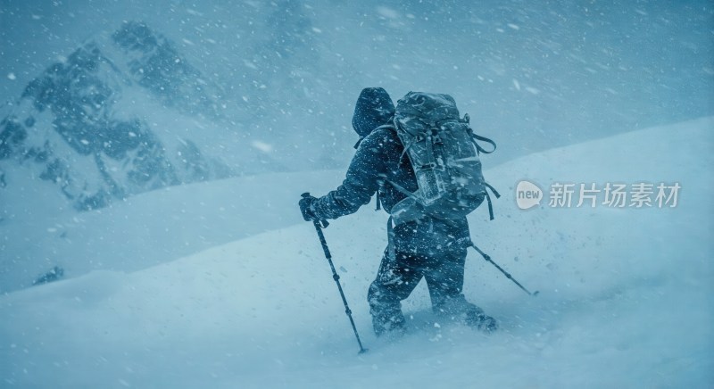 雪中徒步的背包旅行者