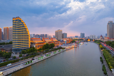 天津海河古文化街码头城市夜景风光航拍