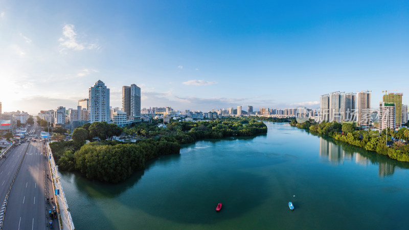 三亚市三亚河红树林公园，城市乐园全景航拍