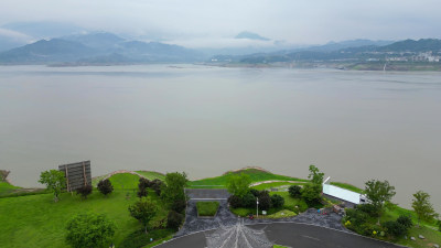 航拍湖北宜昌秭归县木鱼岛公园