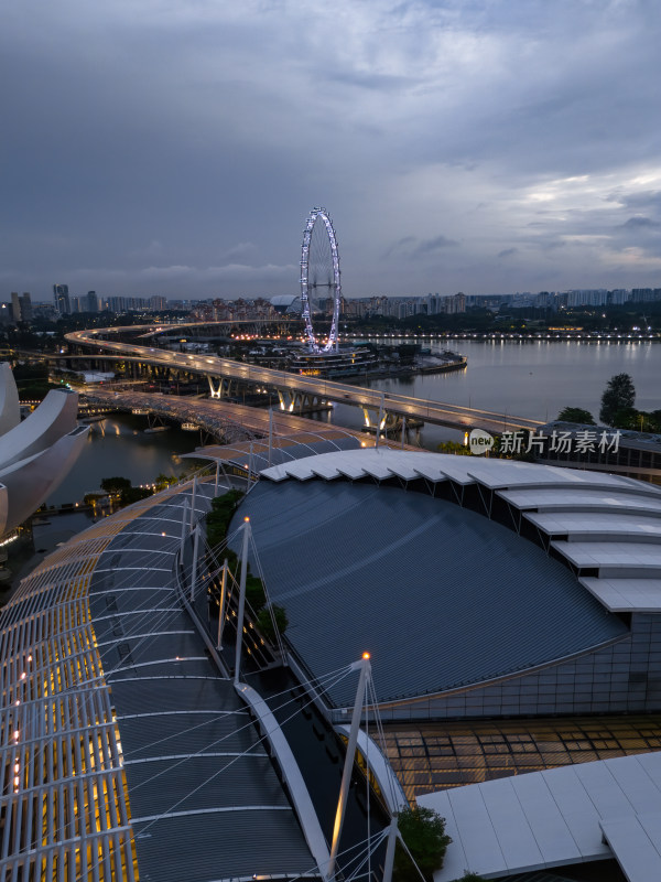 新加坡滨海湾金沙海滨奥林匹克蓝调夜景航拍