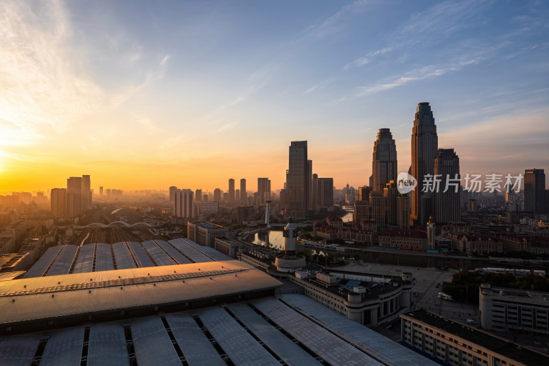 日出天津站海河津湾城市风景航拍