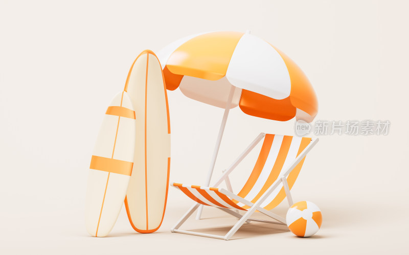 冲浪板与沙滩椅3D渲染