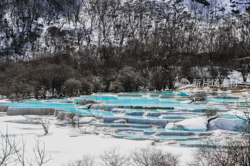 黄龙五彩池蓝绿色钙化池景观