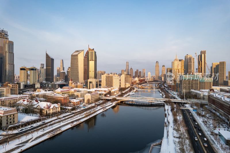 天津海河直沽桥小白楼商圈城市建筑雪景风光