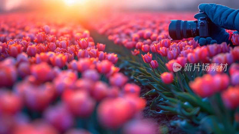 摄影师正在拍摄夕阳下盛开的郁金香花田