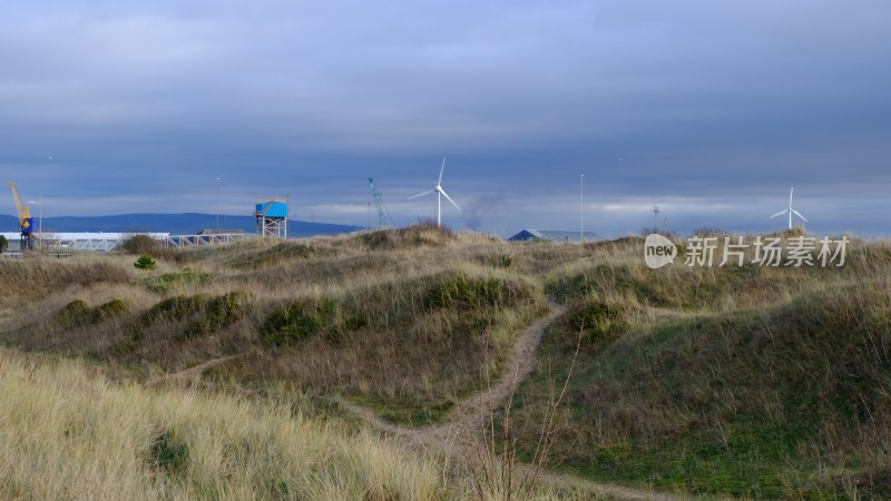 草地沙丘旁的风力发电场景