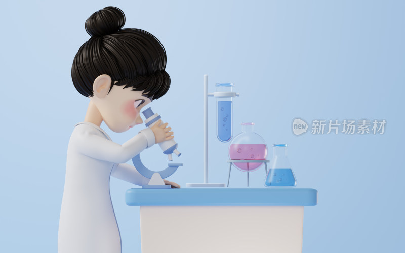 卡通女性科研人员与显微镜3D渲染