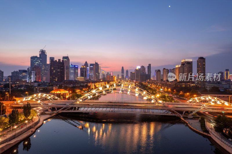 天津海河刘庄直沽桥日落城市建筑夜景航拍