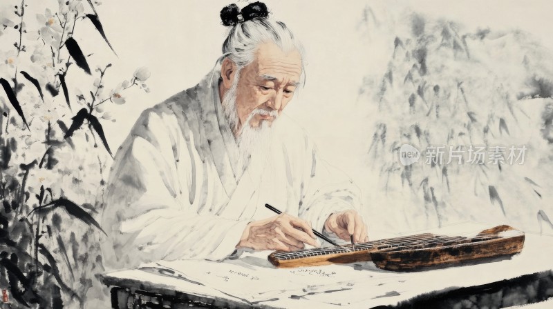 古代老者书写毛笔字场景