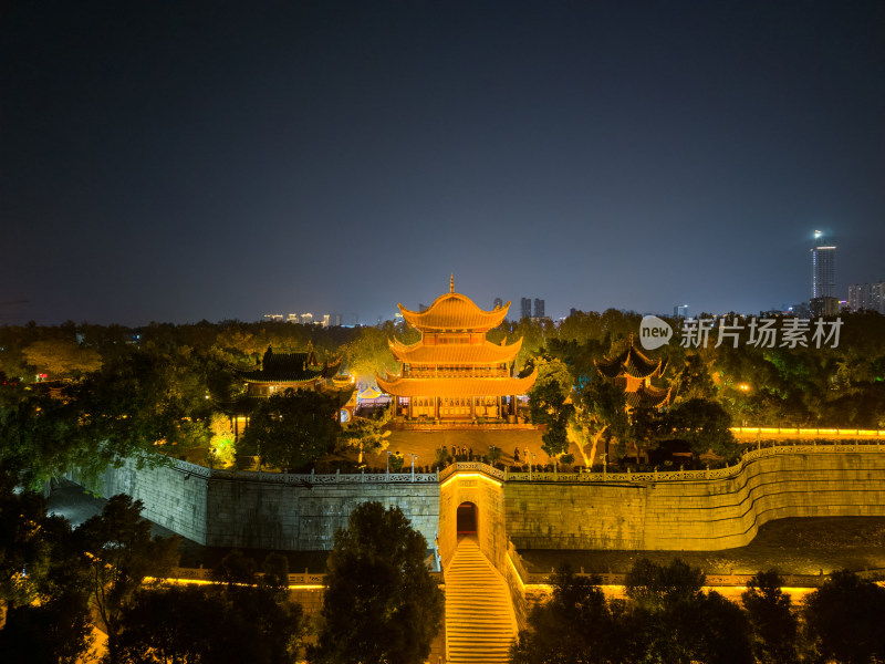 湖南岳阳楼景区岳阳楼夜景航拍