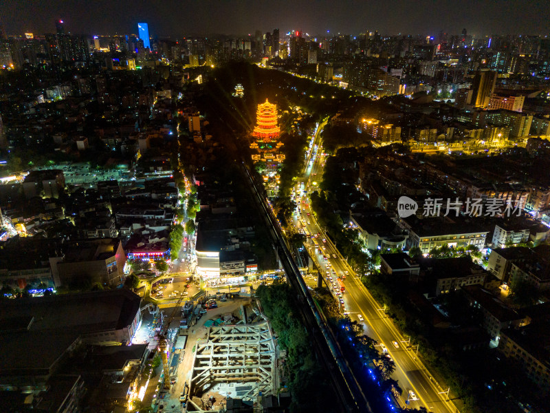 武汉黄鹤楼城市夜景灯光航拍图