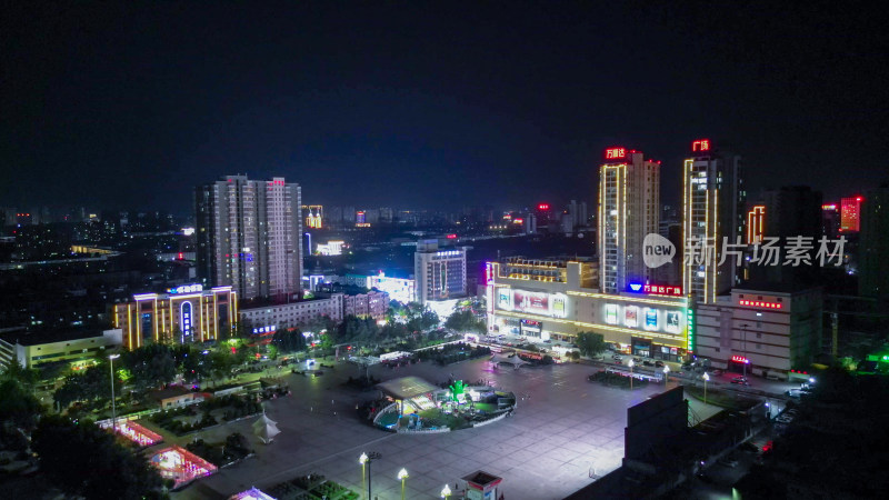 航拍河南周口五一文化广场万顺达广场夜景