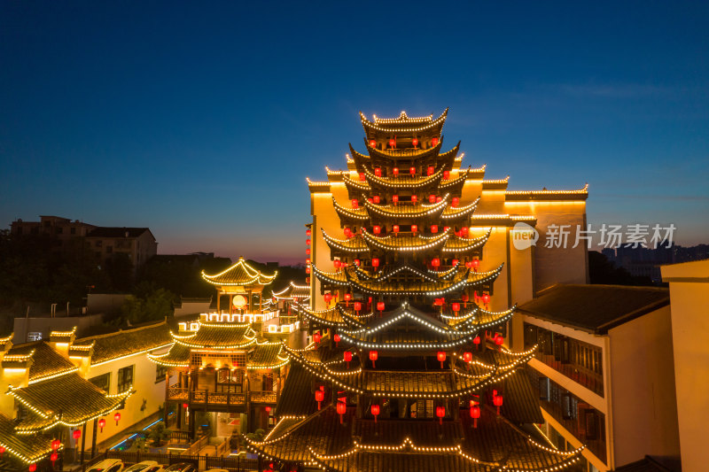 航拍湖南衡阳衡洲府民俗文化村古建筑夜景