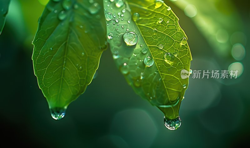 雨后植物绿叶微距叶片露珠自然背景