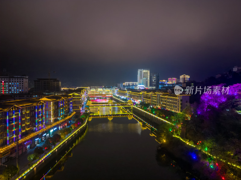 湖南怀化通道廊桥通道风雨桥夜景航拍