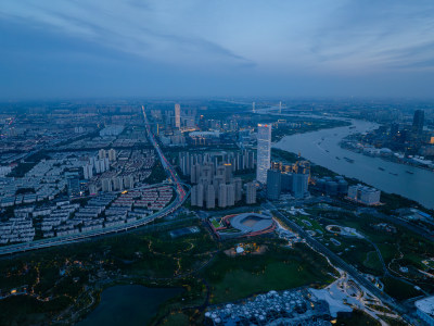 航拍上海城市夜景卢浦大桥世博园