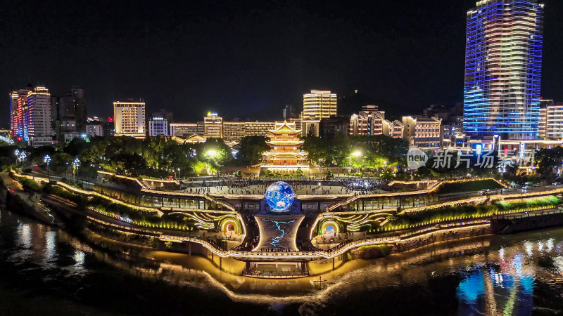 四川宜宾合江楼长江之珠夜景灯光航拍图