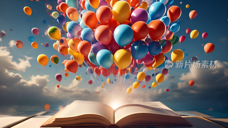 一本翻开的书中飘出无数五颜六色的气球