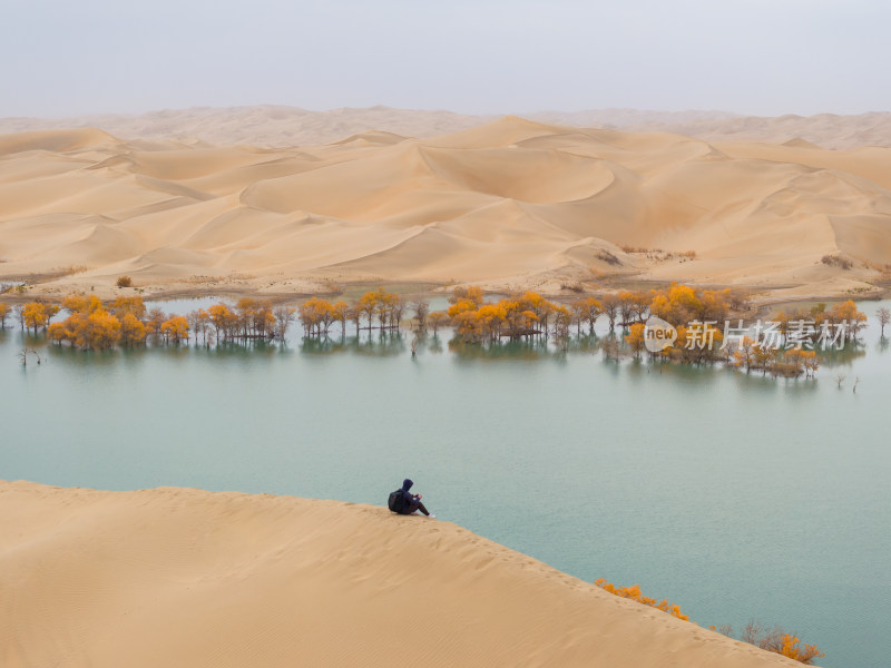 航拍男人坐在新疆尉犁县葫芦岛的沙丘上
