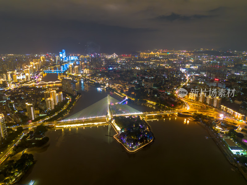 航拍福州城市夜景下与繁华立交桥及周边建筑