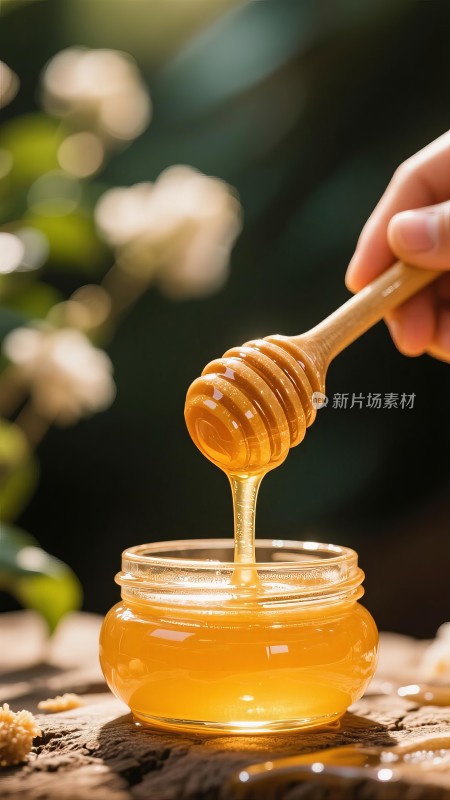纯天然蜂蜜倒入玻璃罐特写