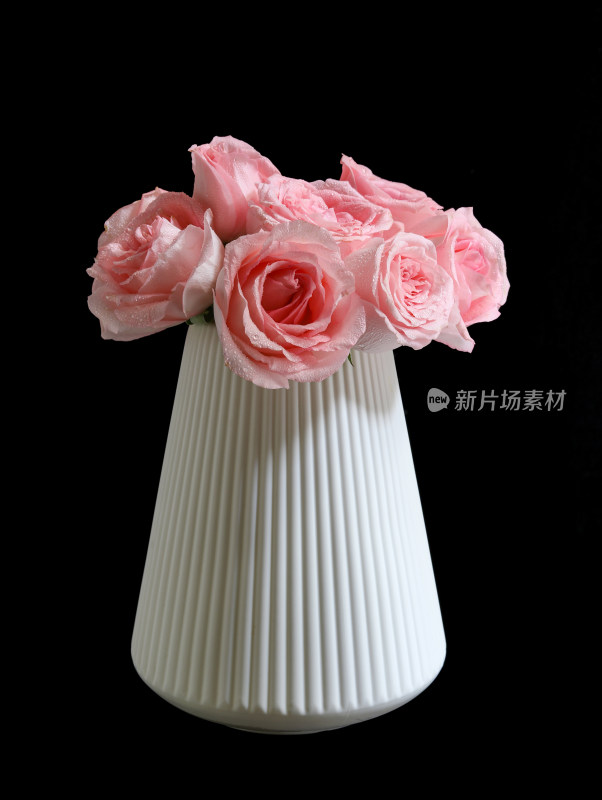 白色花瓶上的插花粉色玫瑰花特写