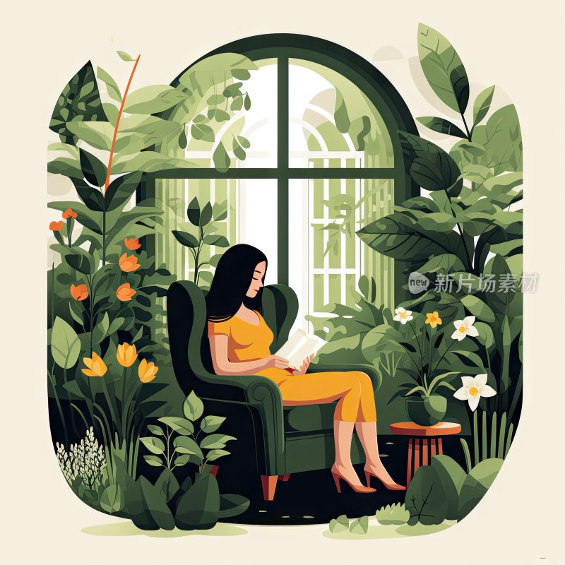 平面卡通插图，坐在沙发上看书的女人