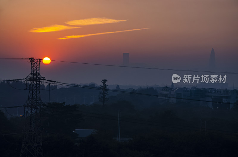 深圳湾CBD摩天大楼建筑群与夕阳落日