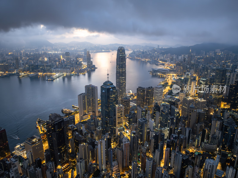 香港维多利亚港CBD中环夜景日出高空航拍