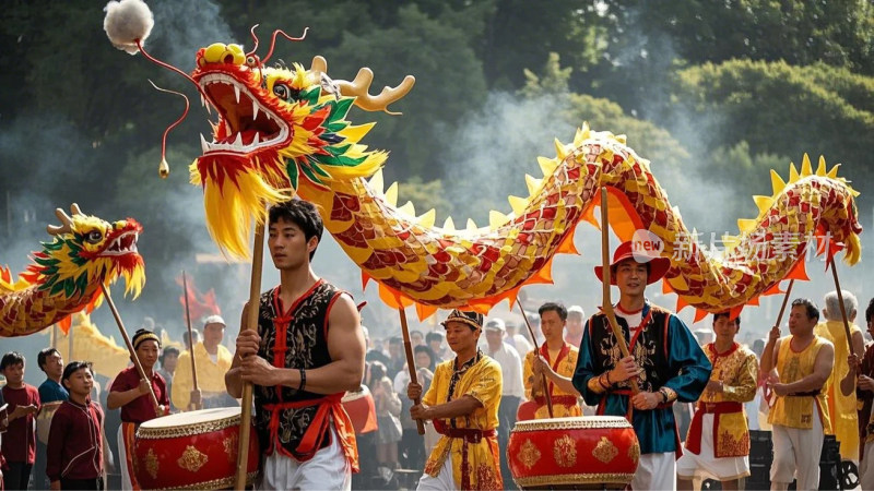 街头人群舞龙喜庆场景二月二龙抬头民俗活动