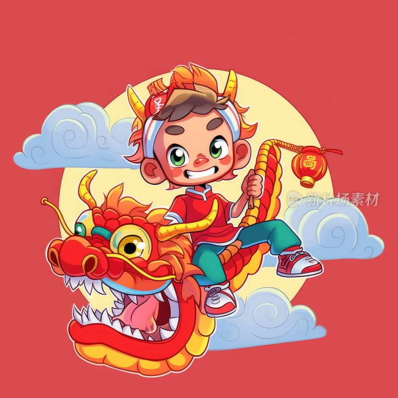 国潮插图，舞龙的小男孩