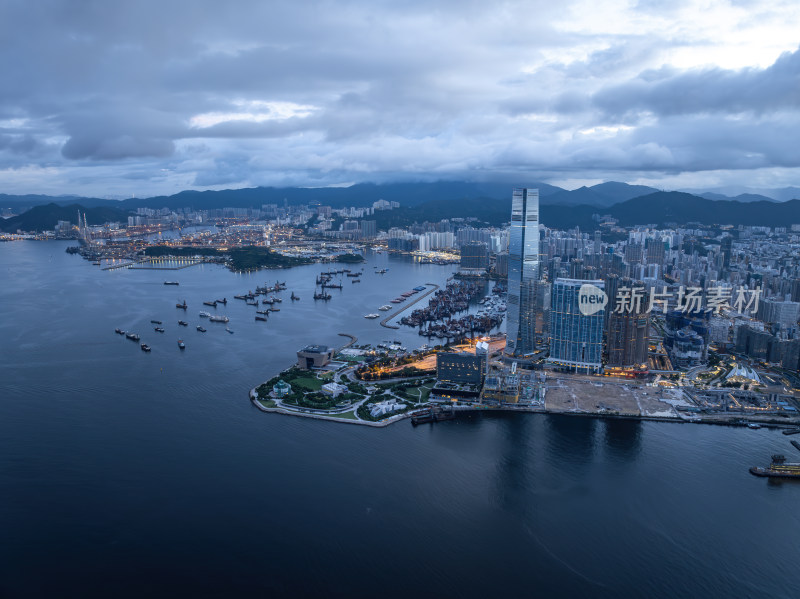 香港维多利亚港CBD中环夜景日出高空航拍