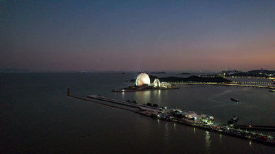 广东珠海日月贝大剧院夜景灯光航拍图