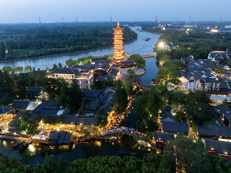 浙江嘉兴桐乡乌镇西栅景区江南水乡航拍夜景