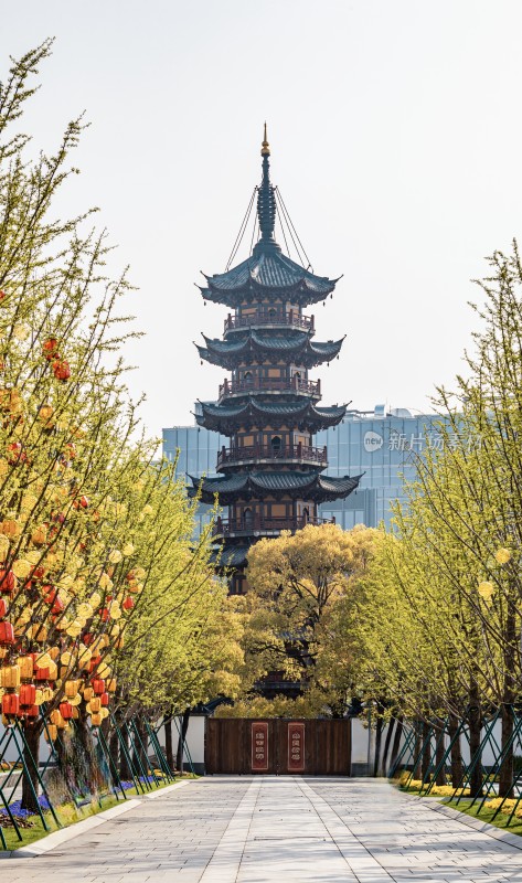 上海龙华寺中式古塔与现代建筑景观